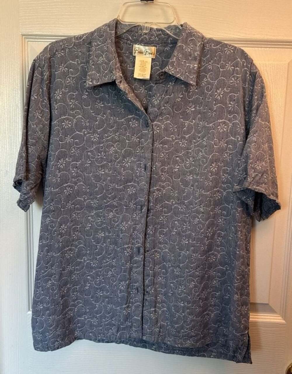 Bobbie Brooks Floral Embroidered Short Sleeve Button Down Shirt Mallard Blue Siz